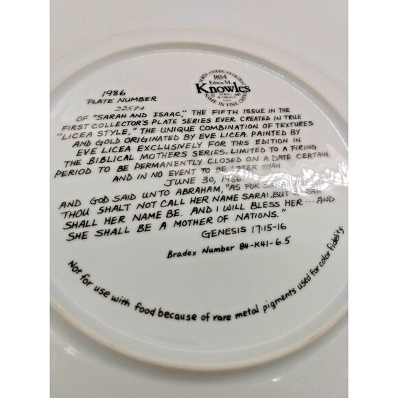 Knowles Collector Plate #5 Biblical Mothers Series, Sarah & Issac 1986 - Picture 6 of 9